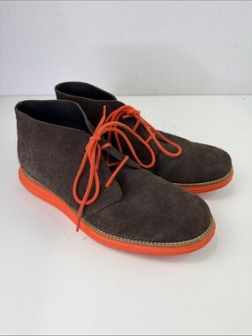 Cole Haan Brown Suede Chukka Boots with Orange Laces and Sole